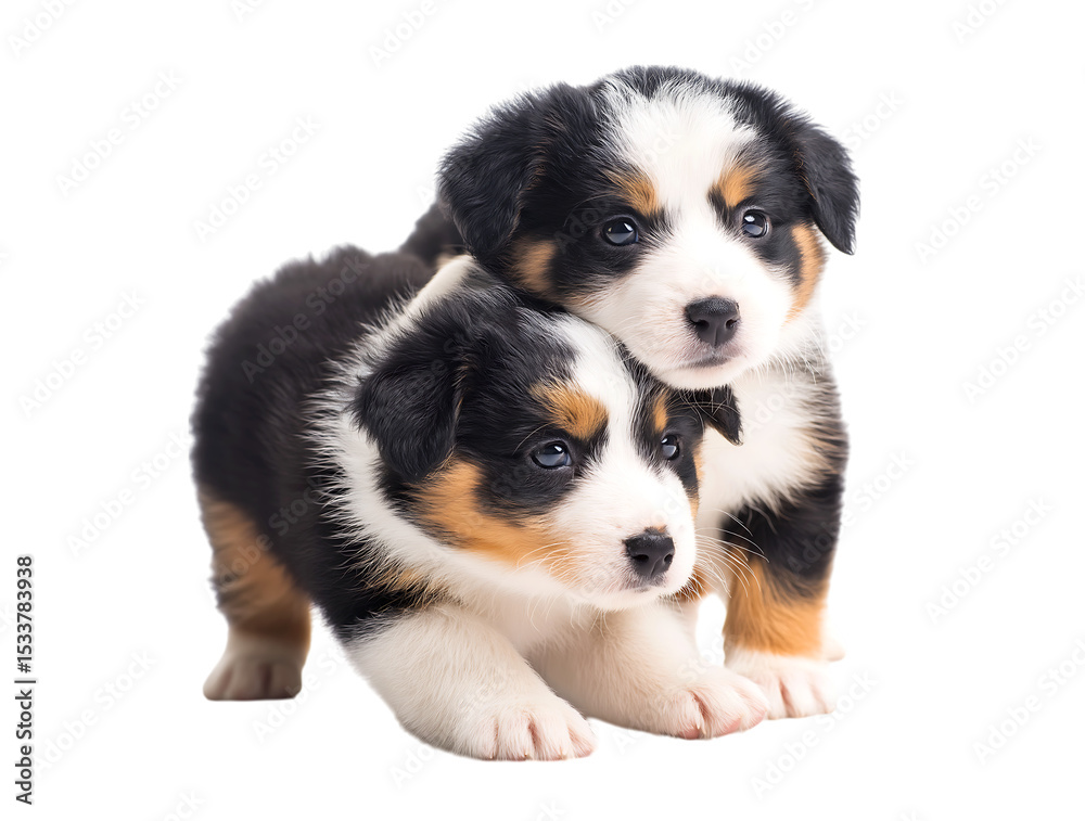 Fototapeta premium Two cute Australian Shepherd puppies playing isolated on a transparent background