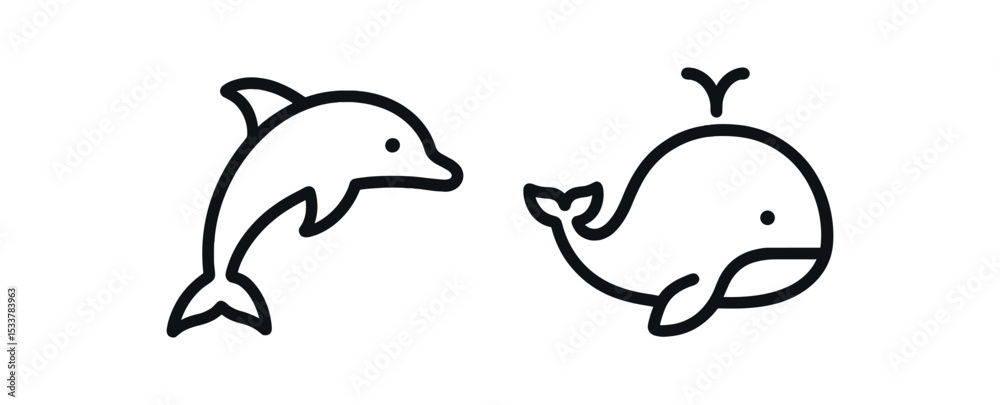 Obraz premium Simple dolphin and whale line art symbols on white background vector line icon illustration