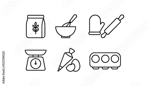 Baking essentials icons: flour, bowl, oven mitt, rolling pin, scale, eggs vector line icon illustration