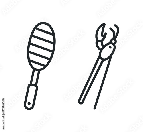Outline icons of kitchen tools - spatula and tongs vector line icon illustration