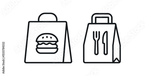 Burger and cutlery icons on shopping bags illustrating fast food and dining concept vector line icon illustration