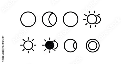 Solar and lunar eclipse symbols set with sun and moon phases vector line icon illustration