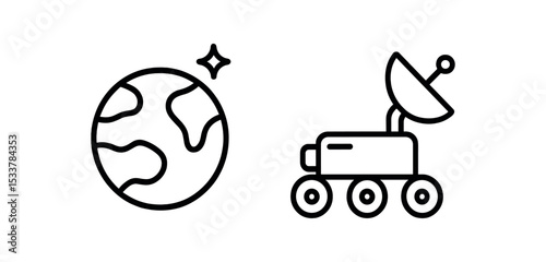 Earth icon and space rover outline with satellite dish vector line icon illustration