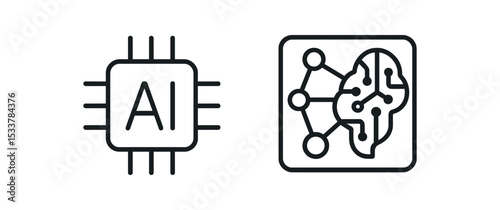 Ai chip icon and neural network symbol in line design vector line icon illustration