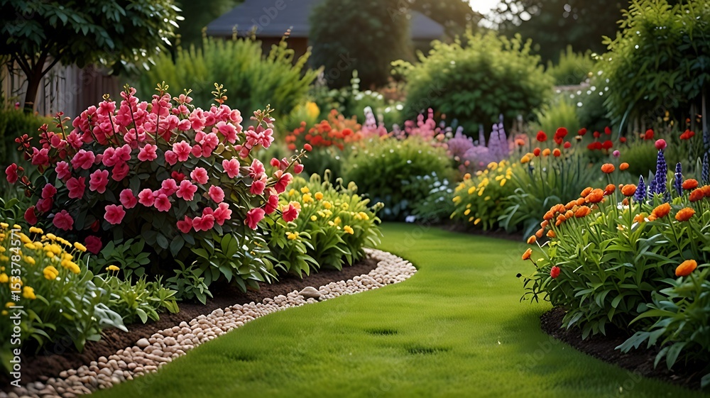 Fototapeta premium Vibrant Garden Landscape: A Summer's Day in Bloom