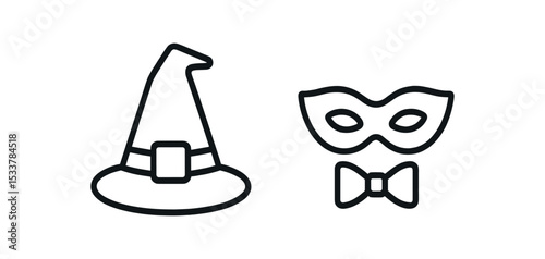 Halloween witch hat and mask with bow tie outline illustration vector line icon illustration