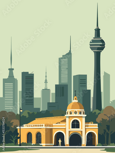 Melbourne — Flinders Street Station, Federation Square, Eureka Tower in eucalyptus green, mustard, cream, and charcoal