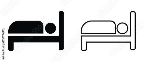 Hotel, Hotel Room, Bed Icon. Person in bed icon. Sleeping shelter. Guest house,  sleep Hotel motels bed icon symbol logo, vector illustration.
