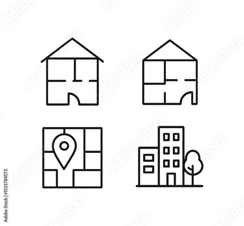 Minimalist house and city icons with map and floor plan symbols vector line icon illustration