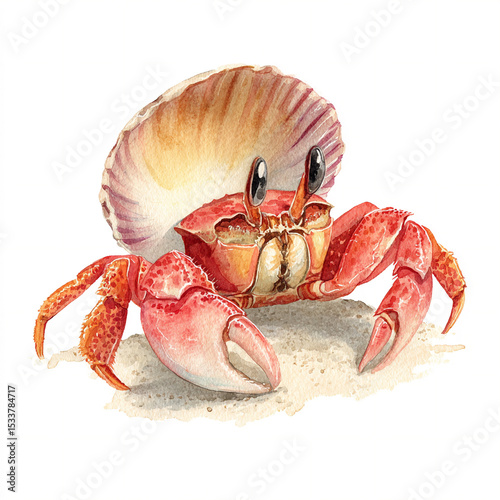 A single watercolor mischievous sand crab with a shell shield