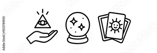 Minimalist sunburst and gateway black icon set with stars and clouds vector line icon illustration