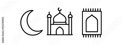 Hindu symbols: temple, trident, om vector line icon illustration