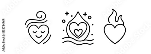Symbolic icons of faith, harmony, devotion: cross, yin yang, praying hands vector line icon illustration