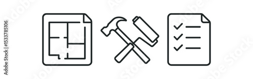 Home renovation icons: floor plan, tools, checklist for project planning vector line icon illustration
