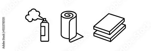 Icon set of air freshener, paper towel roll, and cleaning sponges vector line icon illustration