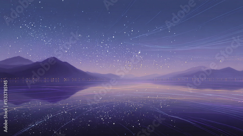 A digital painting of a tranquil lake under a starry sky