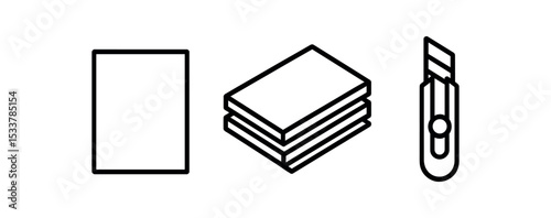 Icon set of paper sheet, stack, and utility knife for office use vector line icon illustration