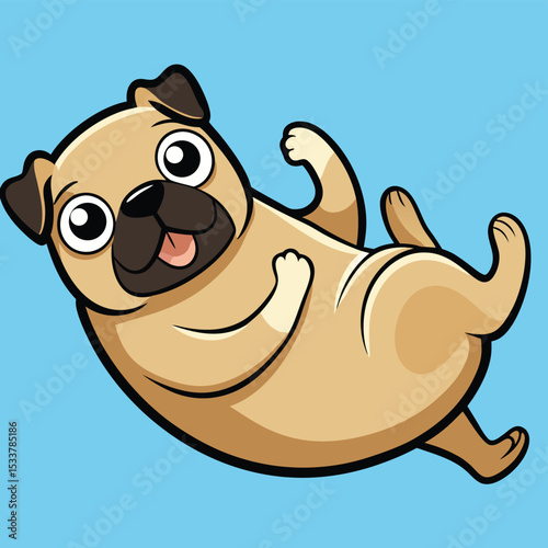 Pug playfully rolling onto its back, inviting belly rubs and fun.
