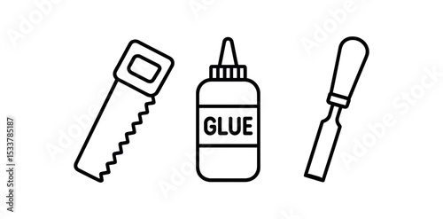 Outline icons of saw, glue bottle, and chisel on white background vector line icon illustration
