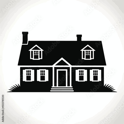 Classic Colonial House Silhouette with Front Steps and Windows on White Background
