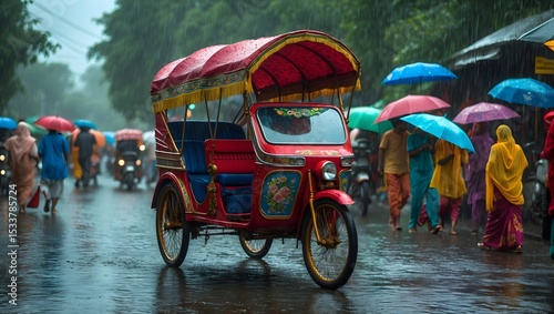 Vibrant Auto-rickshaw Navigating Rainy Street Scene in Asia