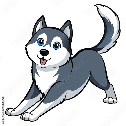 Siberian Husky stretching out front paws, looking relaxed and happy.
