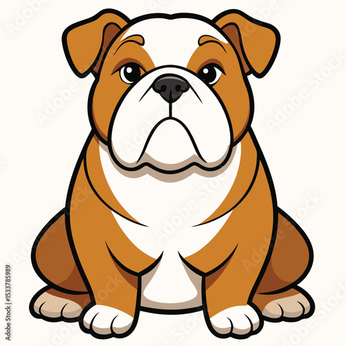 Sturdy English Bulldog sitting, prominent jowls, a calm and powerful presence.