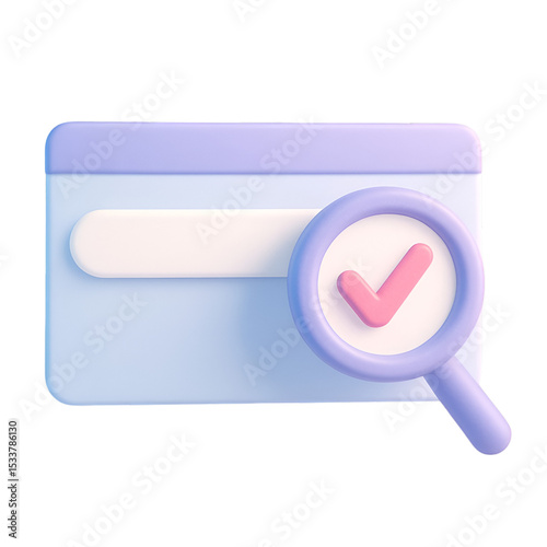 3D Render of Search Engine Interface with Pink Checkmark in Magnifying Glass on Pastel Background