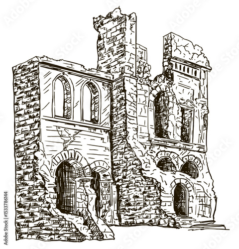 Hand draw ruins old building or ancient castle isolated on white background. Architecture sketch. Ruined tower