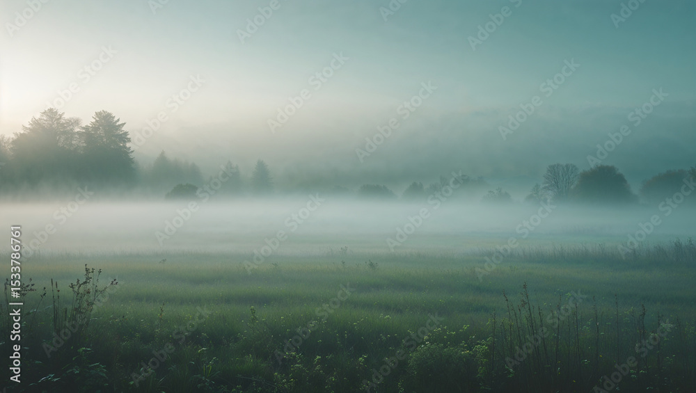 Fototapeta premium Serene misty morning landscape with trees and green fields in a peaceful environment