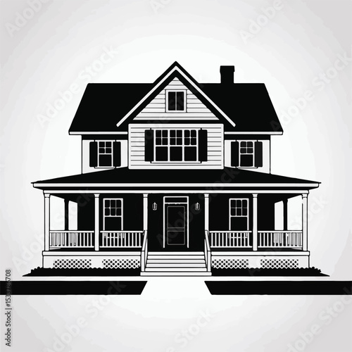 Victorian Style House Silhouette with Porch and Detailed Windows on White Background

