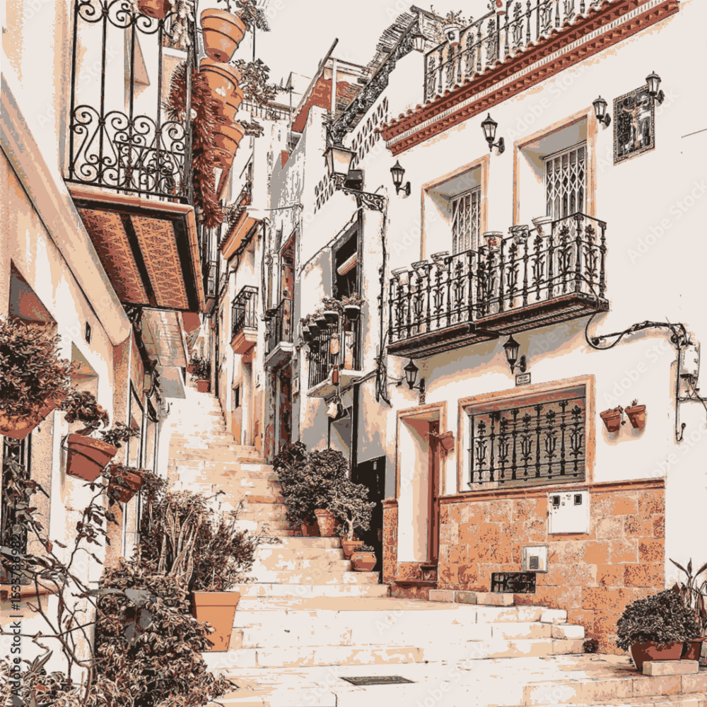 calle antigua de escaleras con macetas y plantas