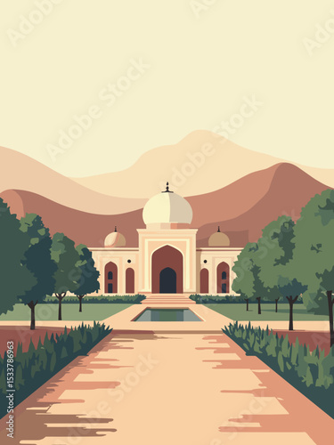 Kabul — Babur Gardens, Kabul Museum, Shah-Do Shamshira Mosque in rose, cream, terracotta, and sage