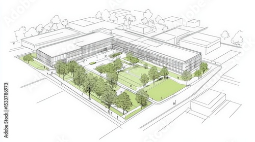 Architectural sketch of a modern, rectangular office building complex with green spaces and trees surrounding it in an urban setting.