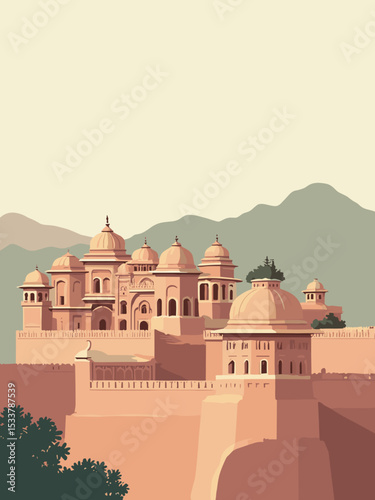 Jaipur — Hawa Mahal, Amber Fort, City Palace in rose pink, sandstone, gold, and sage