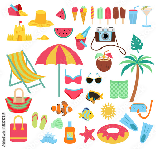Flat style summer and beach elements set. Summer time icon. Summer vacation set. Sea and ocean recreation attributes