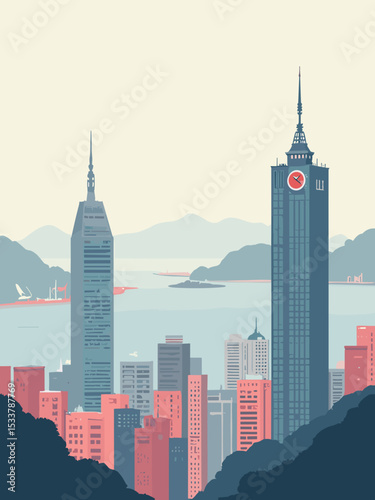 Hong Kong — Victoria Peak, Tsim Sha Tsui Clock Tower, Bank of China Tower in misty grey, harbour blue, coral pink, and steel