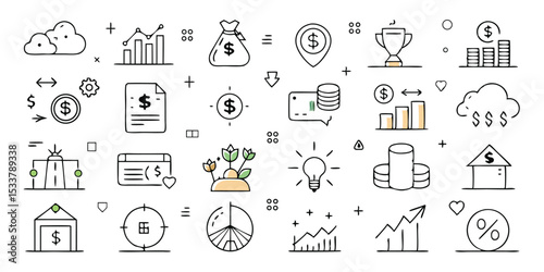 Vector icons illustrating various aspects of finances investing and economic growth for modern concepts
