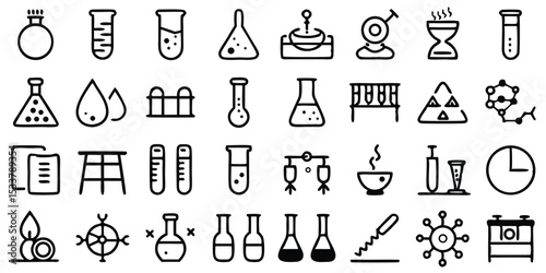 Vector illustration of various science laboratory icons and scientific elements in black outline