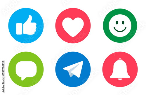 Flat colorful social icons set with thumbs up, heart, smile, chat bubble, send, and bell symbol. vector, love, heart, icons.