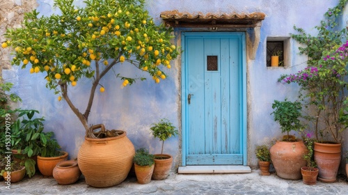 Fototapeta Naklejka Na Ścianę i Meble -  old house with blue door and orange tree