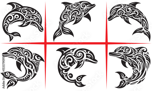 Tribal Dolphin Silhouette Vector,blue circular whale vector illustration