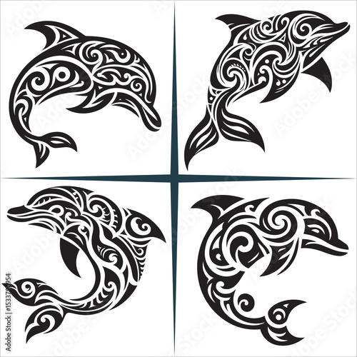 Tribal Dolphin Silhouette Vector,blue circular whale vector illustration