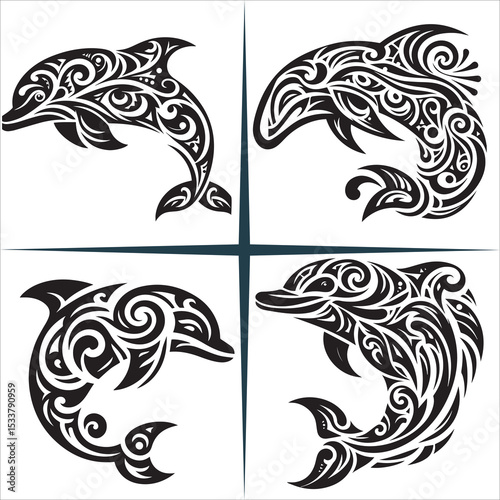 Tribal Dolphin Silhouette Vector,blue circular whale vector illustration