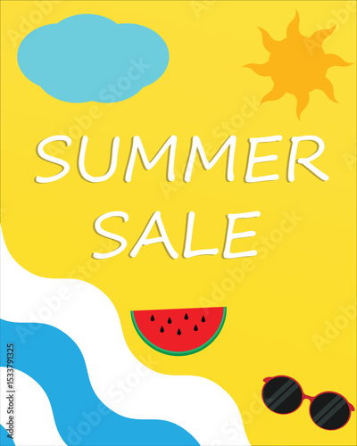 Summer sale card with sun beach watermelon and glasses
