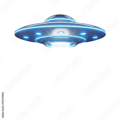Sleek silver ufo with glowing blue lights isolated on transparent background