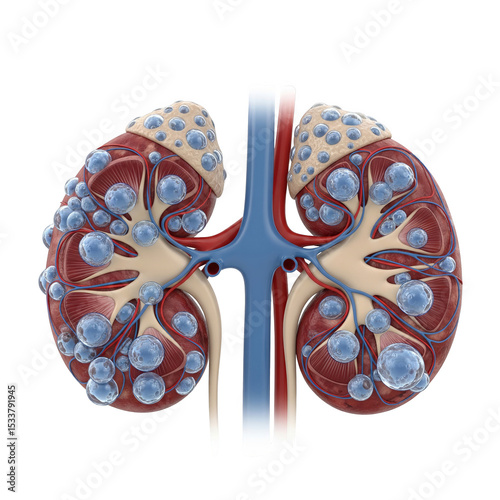 Polycystic kidney disease a detailed anatomical view of kidneys afflicted with cysts, isolated on transparent background