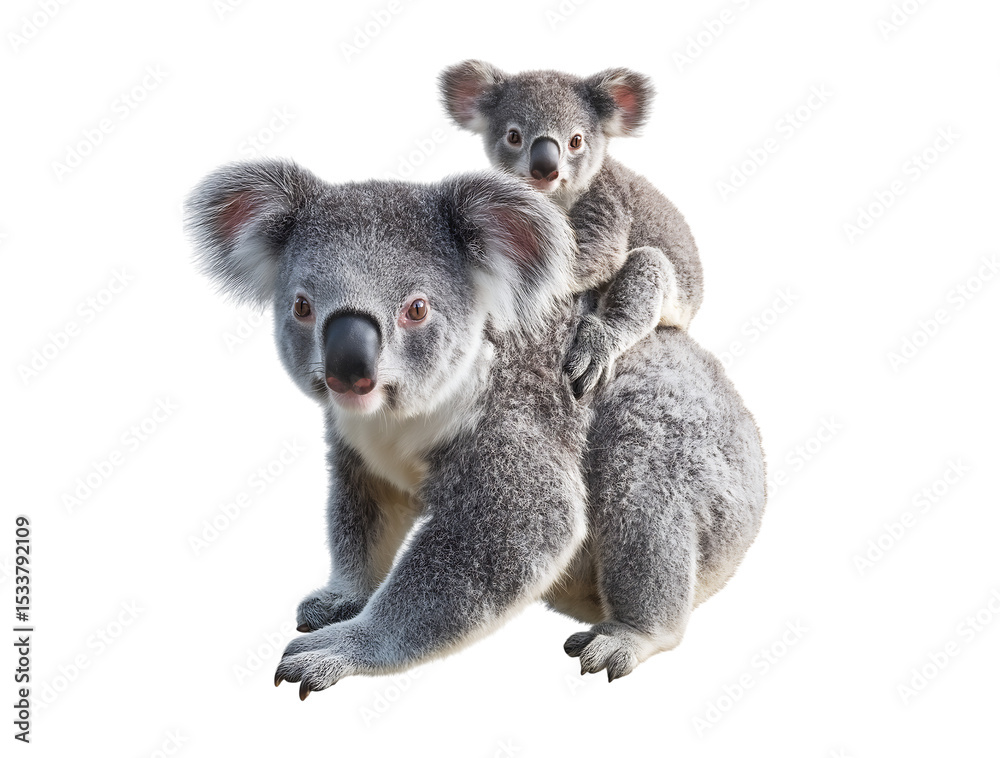 Fototapeta premium Koala with baby on its back isolated on a transparent background