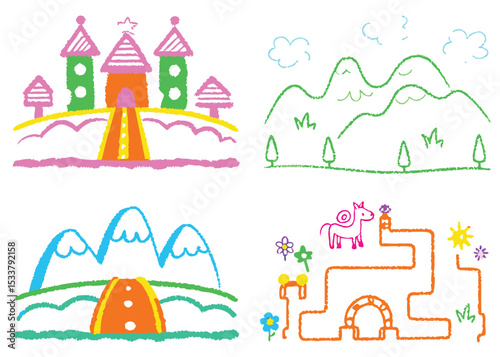 House and mountains vector illustration depicting a cartoon home in a village landscape with trees, sky, and sun