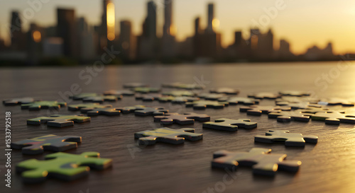 Unfinished Puzzle Against City Skyline at Sunset